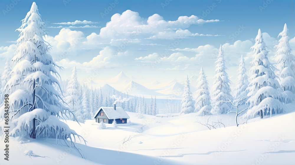 Poster a painting of a snowy landscape with a cabin in the foreground. generative ai