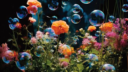  a bunch of bubbles floating over a bunch of flowers in a field.  generative ai