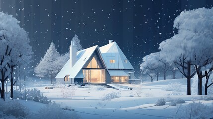  a house in a snowy landscape with trees and snow falling.  generative ai