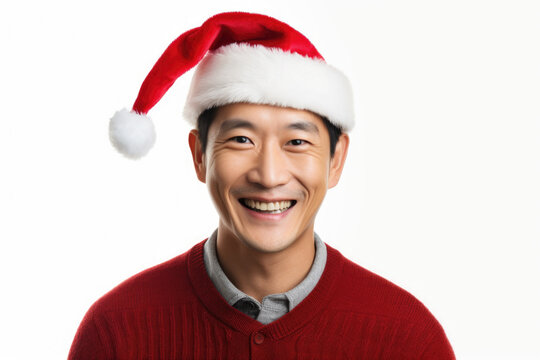 A man wearing a Santa hat with a cheerful smile. This image can be used for Christmas-themed designs or to convey holiday cheer.