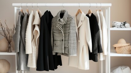 A sophisticated display of a white-gray-black coat and sweater on hangers in a high-end fashion store. These classic pieces showcase timeless elegance in women's fashion.