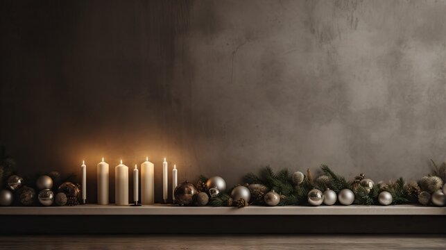  a mantle with candles and ornaments on it in front of a wall.  generative ai