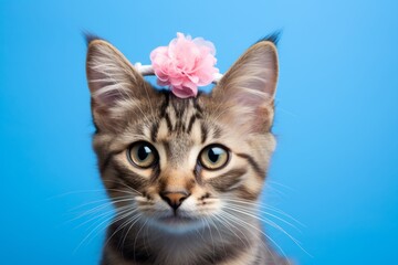 cymric cat wearing a rabbit ears headband against a royal blue background