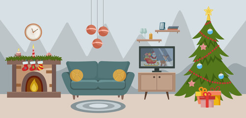 Christmas living room interior. Christmas tree and decorations. Gifts and fireplace. Wall clock, TV, TV stand. Vector illustration in flat style.