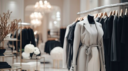 A sophisticated display of a white-gray-black coat and sweater on hangers in a high-end fashion store. These classic pieces showcase timeless elegance in women's fashion. - obrazy, fototapety, plakaty