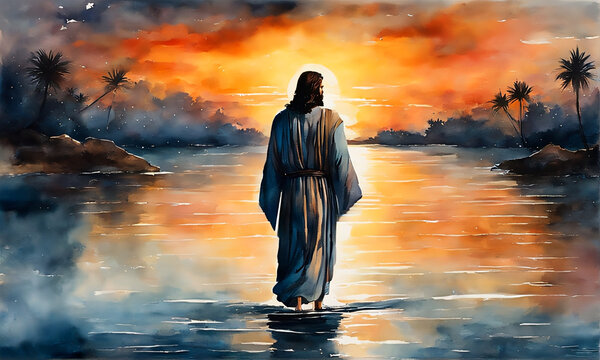 Jesus silhouette walking on water in watercolor painting style.