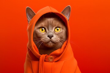 burmese cat wearing a carrot costume against a red background