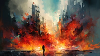 destroy destroyed city fire illustration background red, explosion danger, apocalypse town destroy...