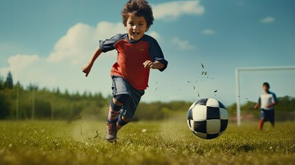 A boy in his soccer uniform enthusiastically chases after the ball on a lush green field, with a football goal in the background. - Powered by Adobe