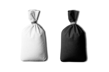 Black and white pulses bags mockup isolated on white background. 3d rendering. fabric cloth bags closed with twine.eco friendly.