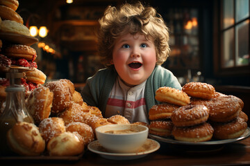 fat child eats lots of sweet donuts - obrazy, fototapety, plakaty