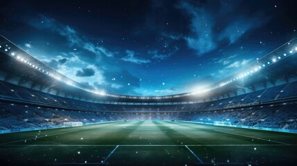 A football stadium lights up the night sky as the green pitch gleams under the floodlights, setting the stage for an exciting match.