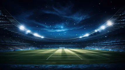 Fototapete Stadion A football stadium lights up the night sky as the green pitch gleams under the floodlights, setting the stage for an exciting match.  © lililia