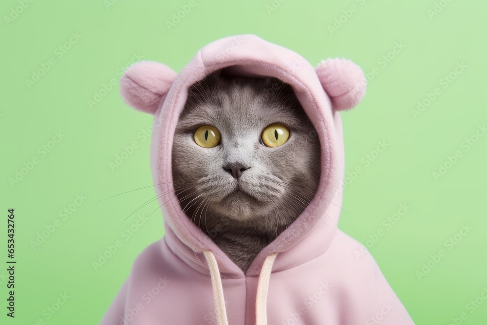 Wall mural chartreux cat wearing a pea pod costume against a pastel pink background