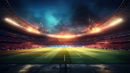 A football stadium lights up the night sky as the green pitch gleams under the floodlights, setting the stage for an exciting match.