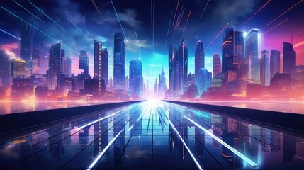 modern futuristic night city illustration light scape, digital building, future street modern futuristic night city