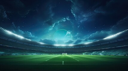 A football stadium lights up the night sky as the green pitch gleams under the floodlights, setting...