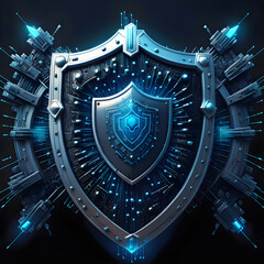 a futuristic ai powered technology shield fortress protecting digital network systems gen ai