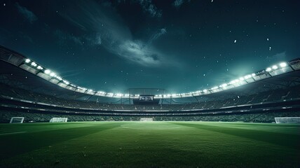A football stadium lights up the night sky as the green pitch gleams under the floodlights, setting...