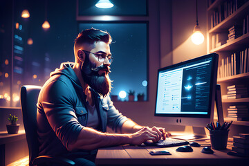 a strong beard man sitting in front of a computer night scene light effect happy moment gen ai - obrazy, fototapety, plakaty