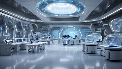 Futuristic looking medical or other research lab background. Future science and technology idea. Advance civilization concept. With copy space.  - obrazy, fototapety, plakaty