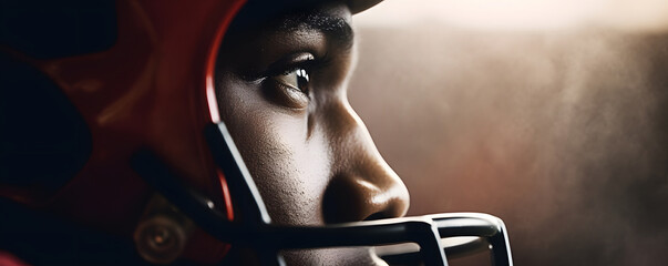 Close up face of afro american football player in red helmet side view