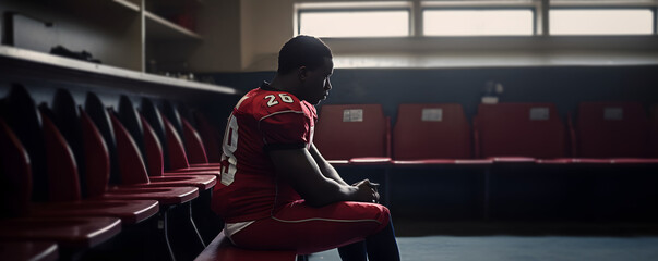Upset football player in red uniform sitting alone on bench in sports changing room - obrazy, fototapety, plakaty