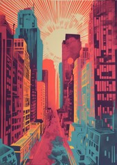 city skyline with skyscrapers, vintage risograph style illustration