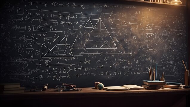 Chalkboard with written signs and numbers. Fictional retro mathematics and physics background. Study and learning idea. Science and education concept. With copy space. - Powered by Adobe