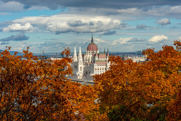 Orange maple trees on Castle hill with Hungarian parliament building at background in autumn,...