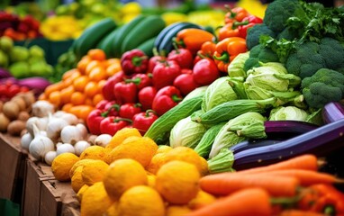 Vibrant colors and variety of fresh fruits and vegetables neatly arranged at a farmer's market stall. Generative AI