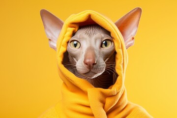 peterbald cat wearing a banana costume against a bright orange background