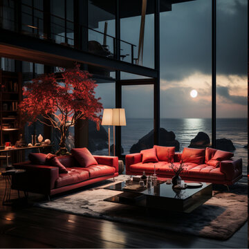 red living room design with sea view, in the style of moody chiaroscuro lighting, ricoh gr iii, national geographic photo, noir atmosphere, outdoor scenes, japanese contemporary, unreal engine 5