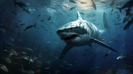Cartoon shark playfully swims through the underwater world.