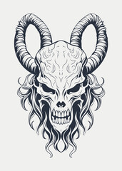 Monochrome vector illustration of a monster or mystical character with horns on his head