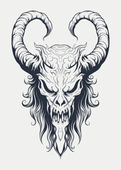 Monochrome vector illustration of a monster or mystical character with horns on his head
