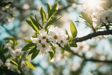 Obraz premium A branch closeup with white blooming and green leaves with rays of bright spring sun in nature