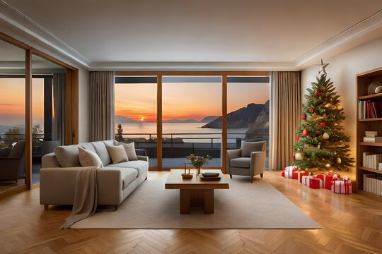 an image of a cozy living room decorated for Christmas with a glowing fireplace, a beautifully adorned Christmas tree, and presents 