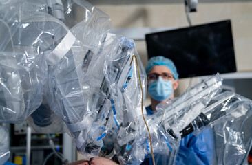 Operating surgery room with futuristic new technologies. Robot surgeon ward.