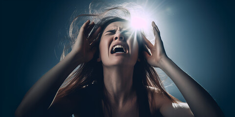 The girl screams from a headache and holds her head with her hands.