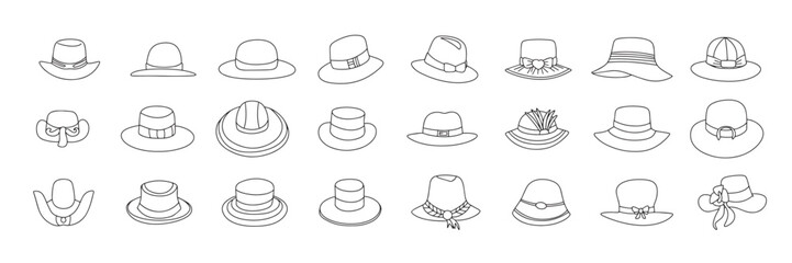 Set of fashion woman's and man's hat in doodle style. Hand drawn fashion hats isolated on white background. Outline hats icons set. Vector illustraiton - obrazy, fototapety, plakaty
