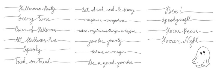 Collection of one line continuous short phrase for Halloween decor. Handwriting text banner for Halloween in line art style. Vector illustration.