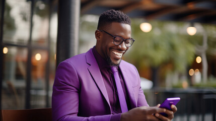 Happy African American Businessman using digital interface and technology to job. Futuristic technology transformation. Banner.