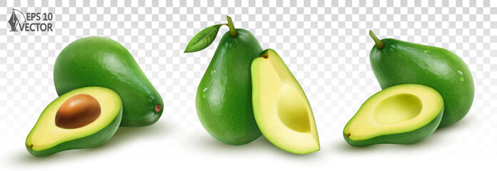 Vector set of ripe avocados. Fresh fruits and pieces. 3D realistic food illustration. Packaging design element