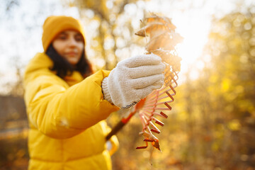 A sunny October evening in the park: A close-up of a girl in a bright yellow hat collecting leaves...