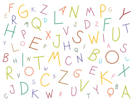Mixed alphabet pattern background. Freehand drawn colorful letters vector graphic.