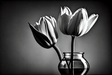 Black and white image of a tulip in a vase 