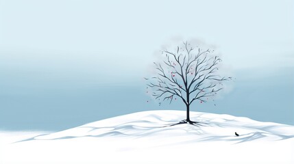 Fototapeta na wymiar a lone tree on a snowy hill with birds flying around. generative ai