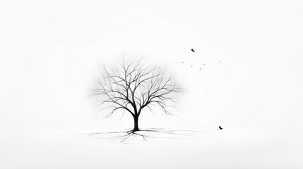  a bare tree with no leaves and a bird flying by.  generative ai