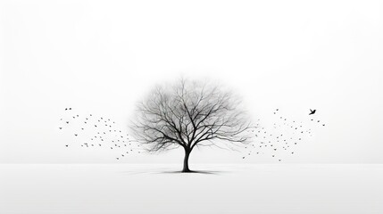  a tree with birds flying around it in a snowy field.  generative ai